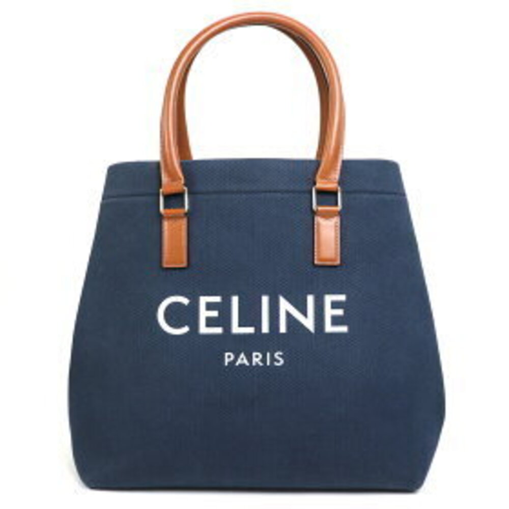 Celine Cabas Canvas Tote Bag Navy Blue Tan - Picture 2 of 7